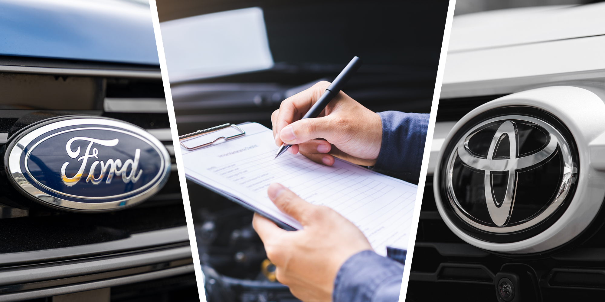 3 panel image showing Ford and Toyota logo on the left and right, with a center image of a car inspection checklist