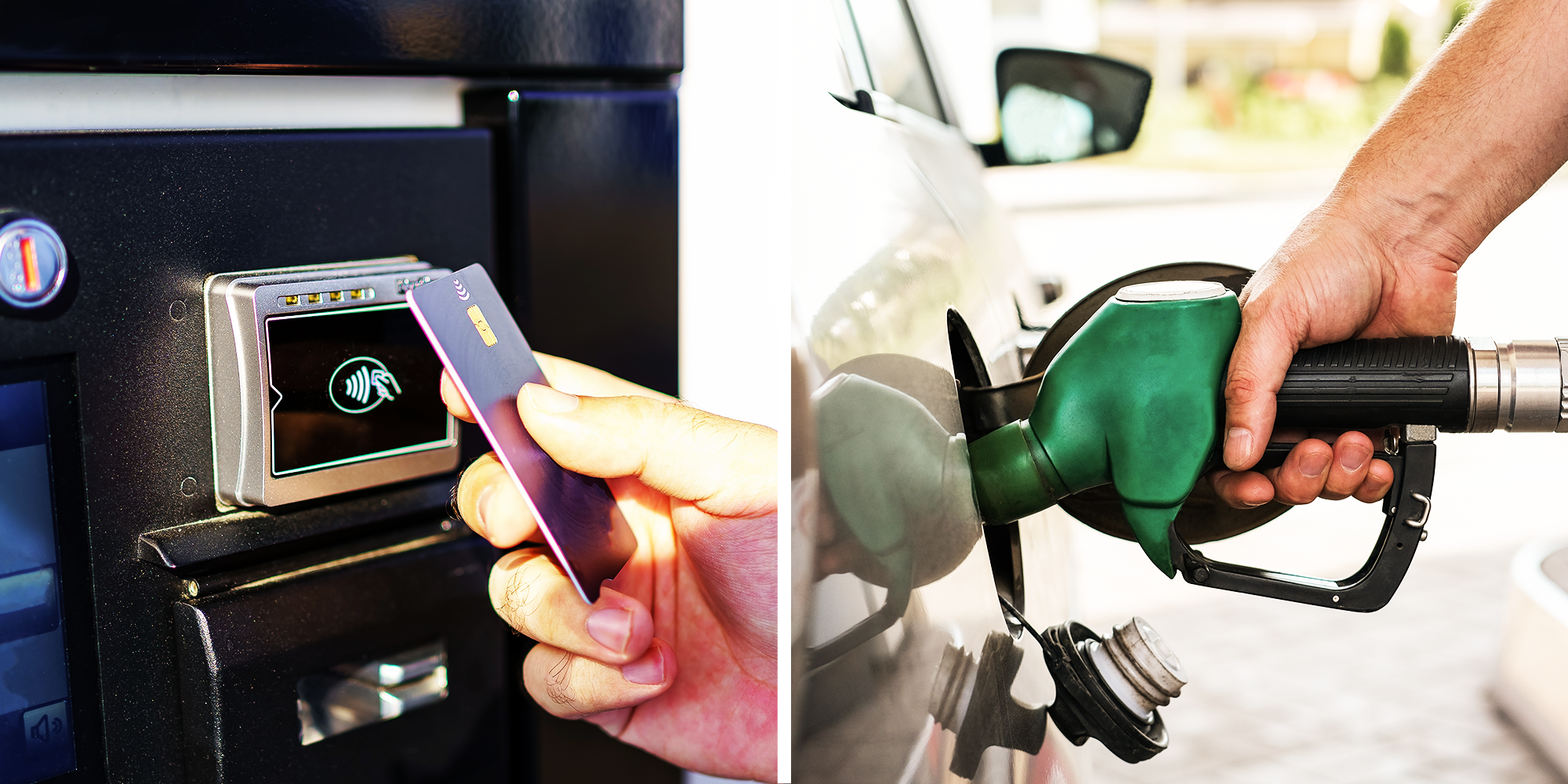 2 Panel image, Credit card Tap Payment and filling gas
