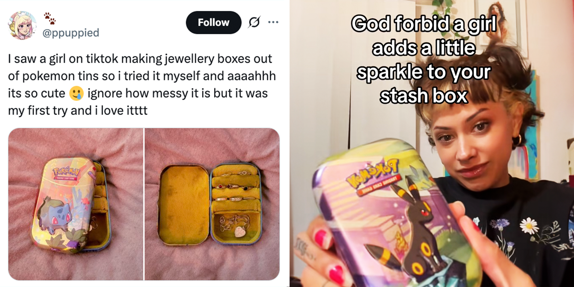 2 Panel image of caption from X about pokemon Tin box and girl holding up pokemon tin box