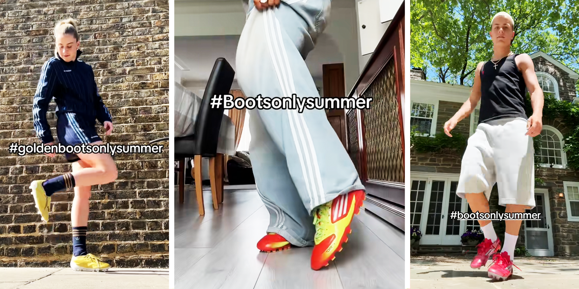 3 Panel image of 3 teens showing off soccer cleats