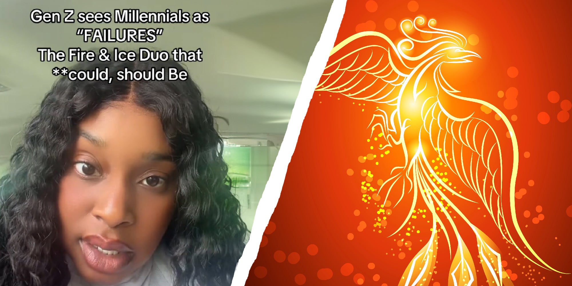 2 panel image of a person talking on the left and an illlustration of a phoenix rising on the right.