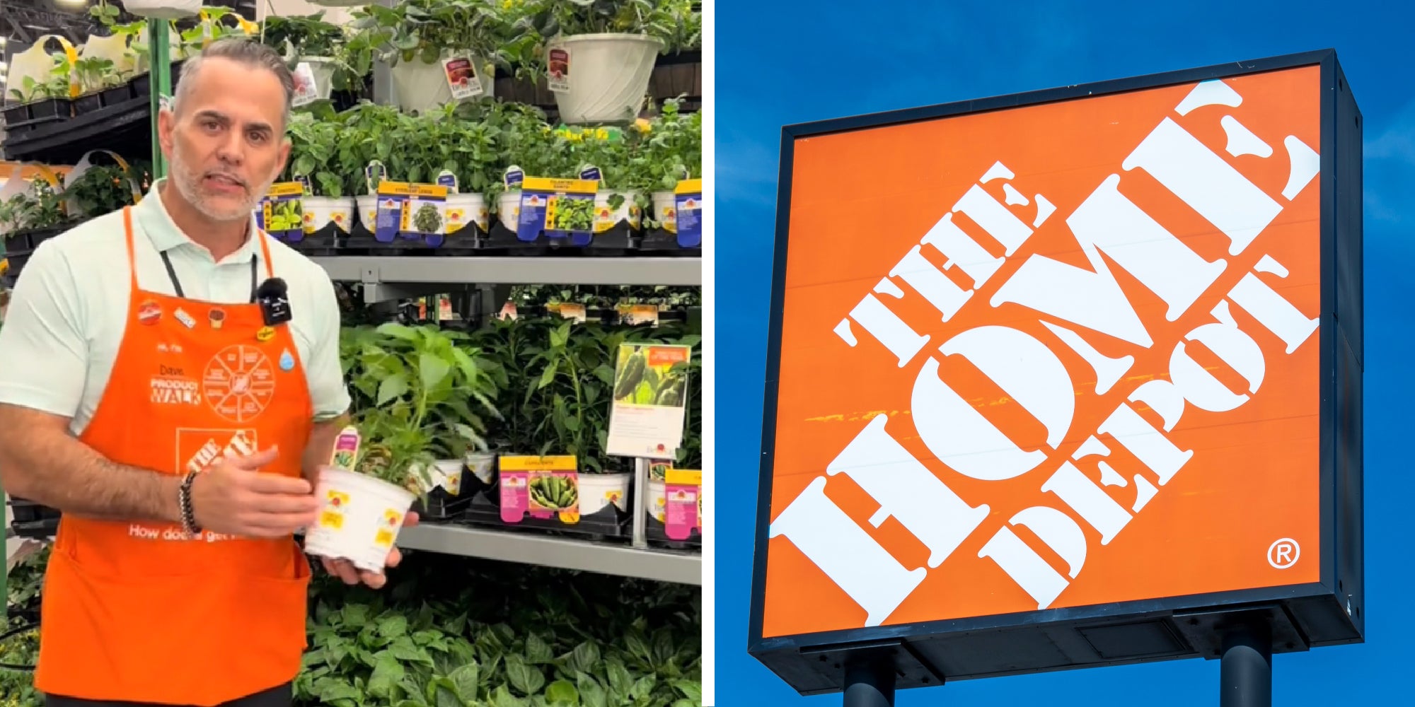 2 panel image: on the left a person explains and on the right is the Home Depot sign.
