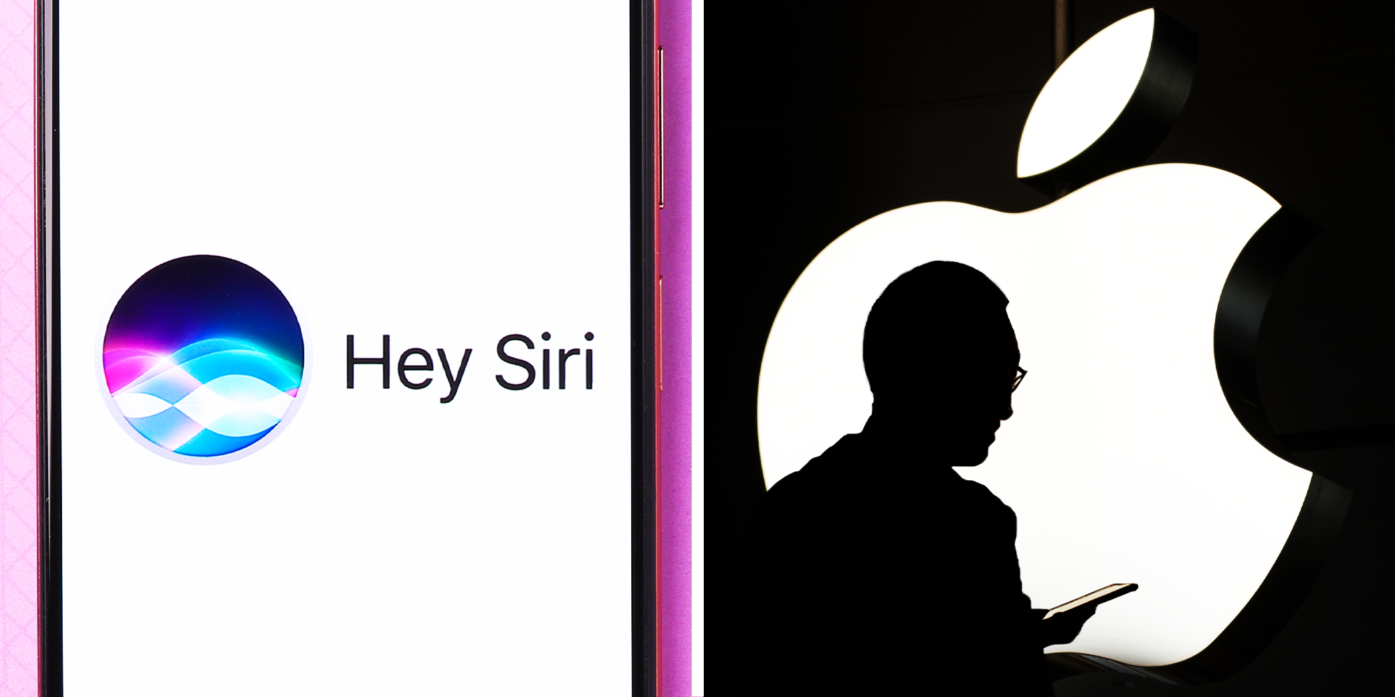 2 Panel image of Hey Siri logo and apple logo with a person infront of it
