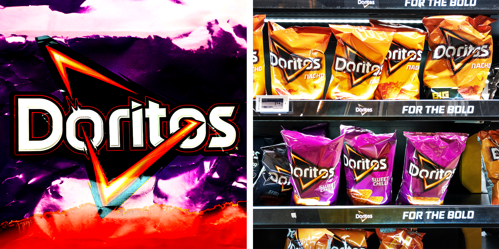 Doritos Logo, and bags of Doritos chip on shelves