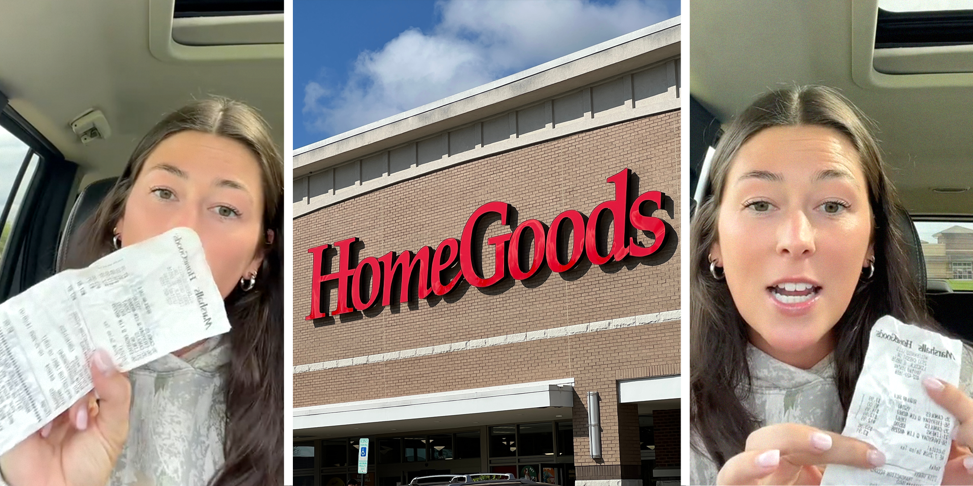 3 panel image of person showing HomeGoods receipt and a HomeGoods storefront