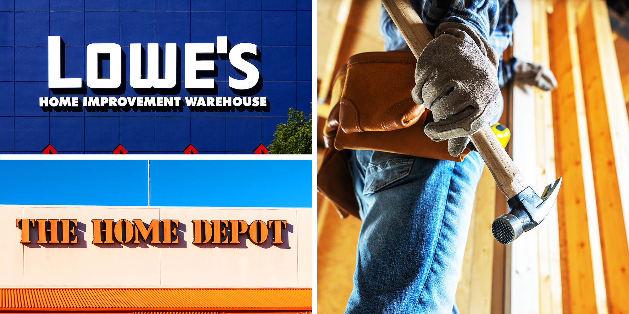 3 Panel Image, Lowe's logo, Home Depot logo and Man holding a carpentry tool