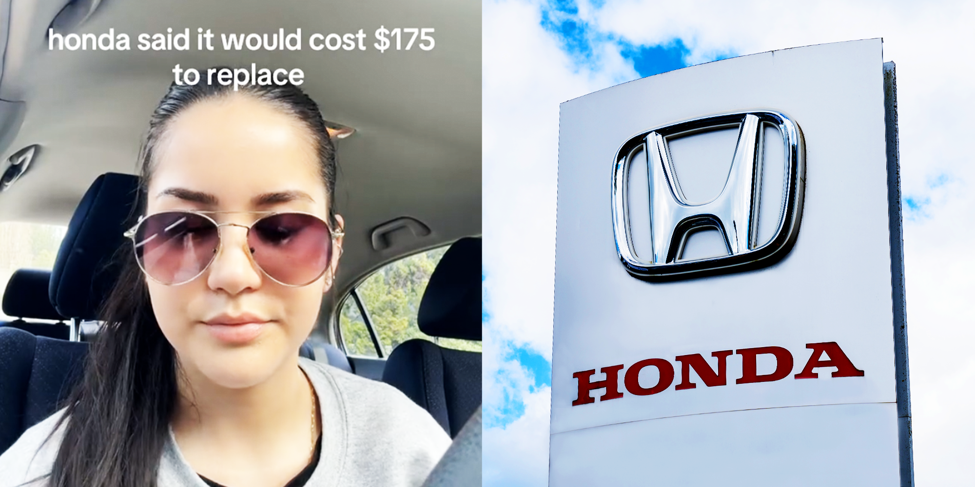 2 panel image, Woman with sunglasses sitting in her car, and Honda Logo