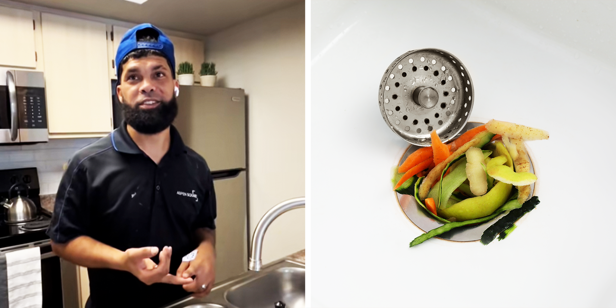 2 Panel image of maintenance man and garbage disposal with scrap of food stuffed