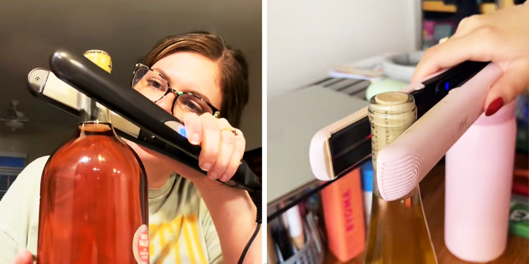 2 Panel image, women trying to open wine bottles using hair straighteners