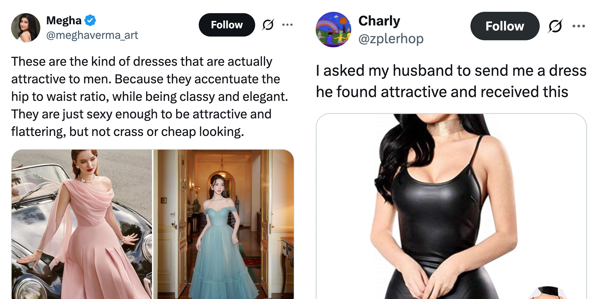 2 panel image, captions and women in dresses