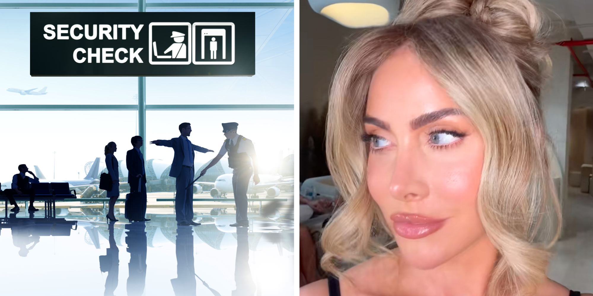 Split Screen with airport security check on left and young woman on right.