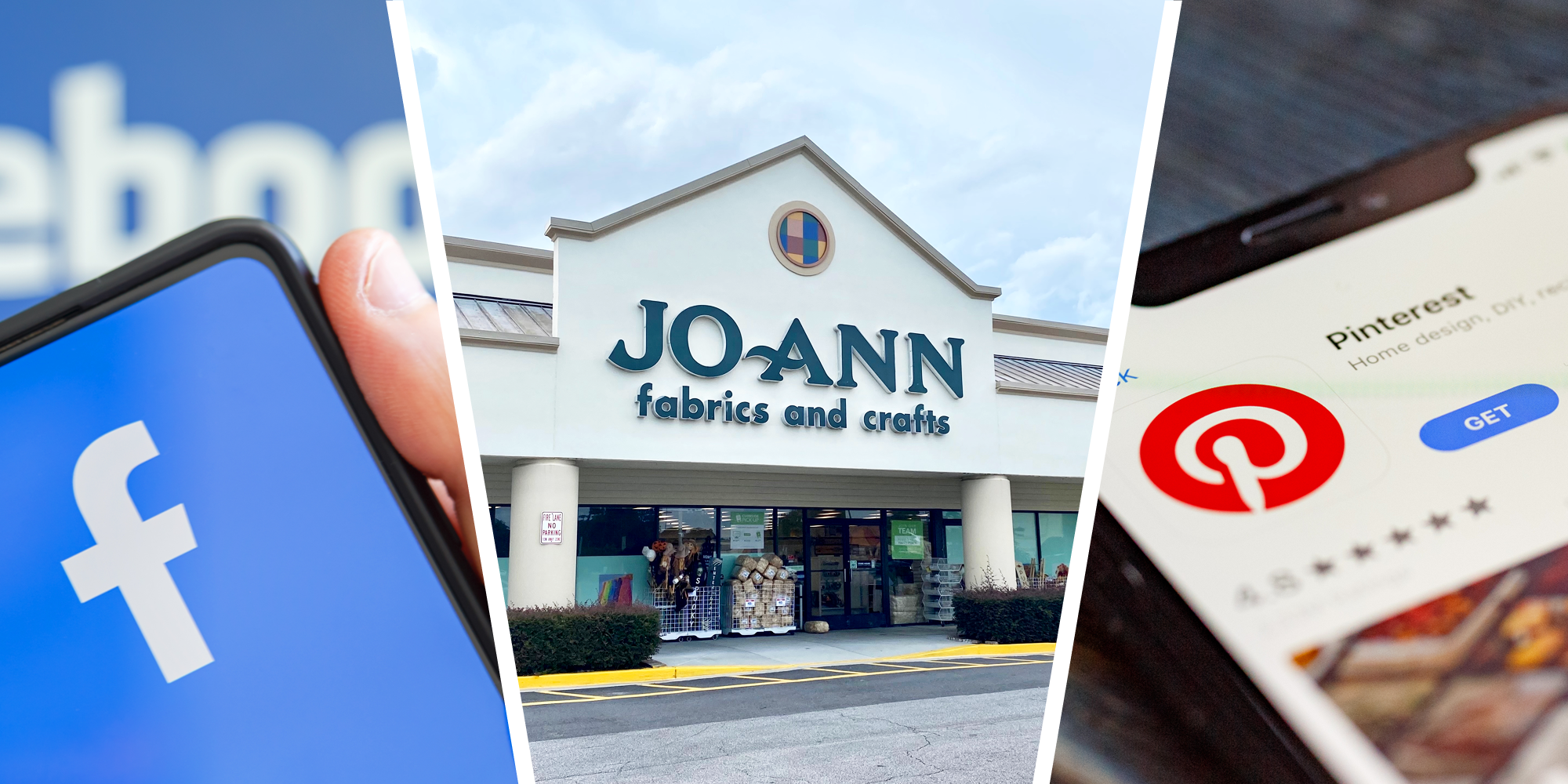 Three panel image with Facebook and Pinterest logos on sides and Joann Fabrics storefront in center.