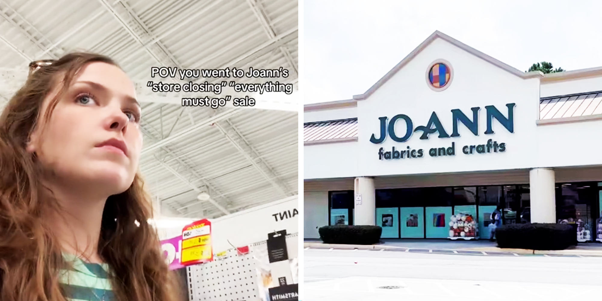 2 Panel Image, Woman in Joann store, and Joann store front