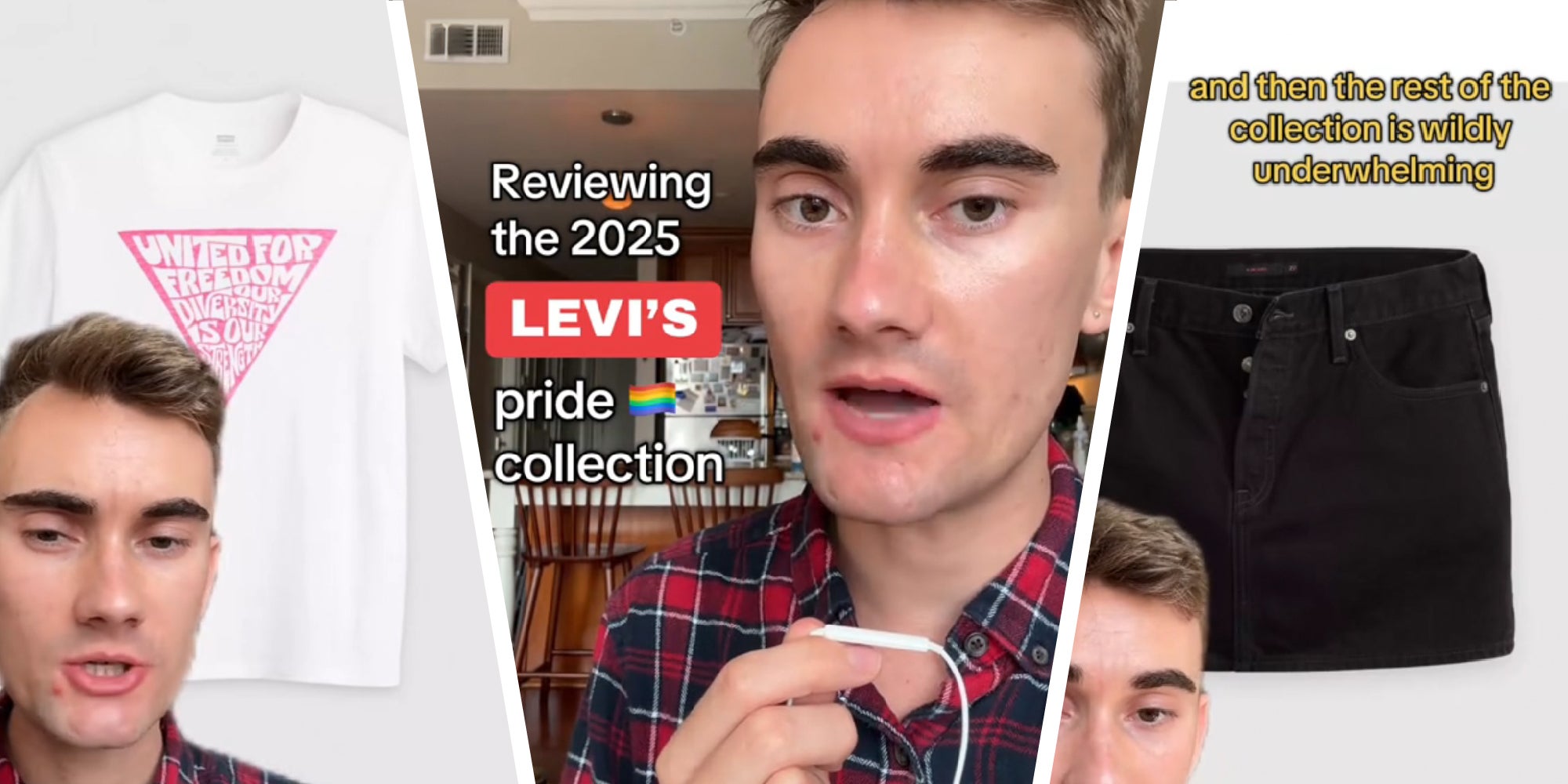 3 panel image each panel showing a different screenshot from the Tiktok post in which Connor Clary reviews the Pride 2025 collection from Levi's.