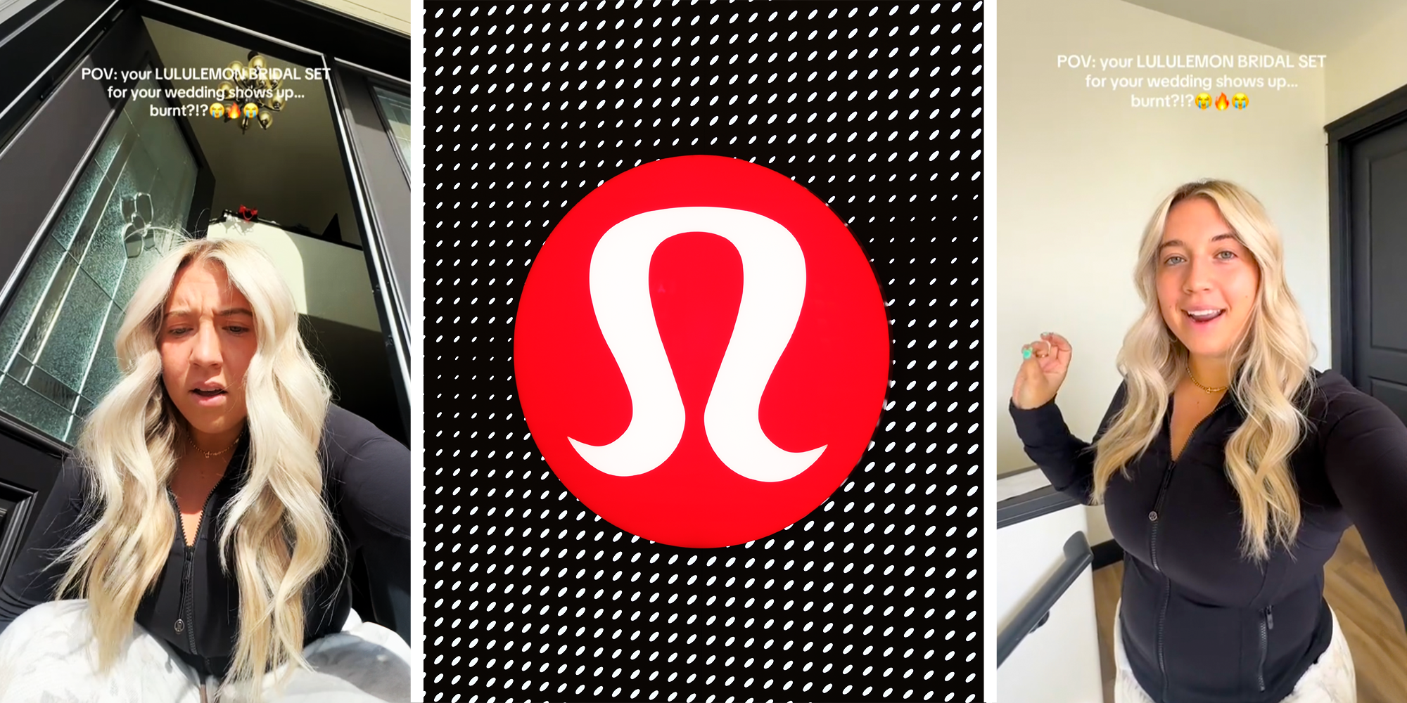 3 Panel Image, woman with blond hair wearing lululemons and lululemon logo