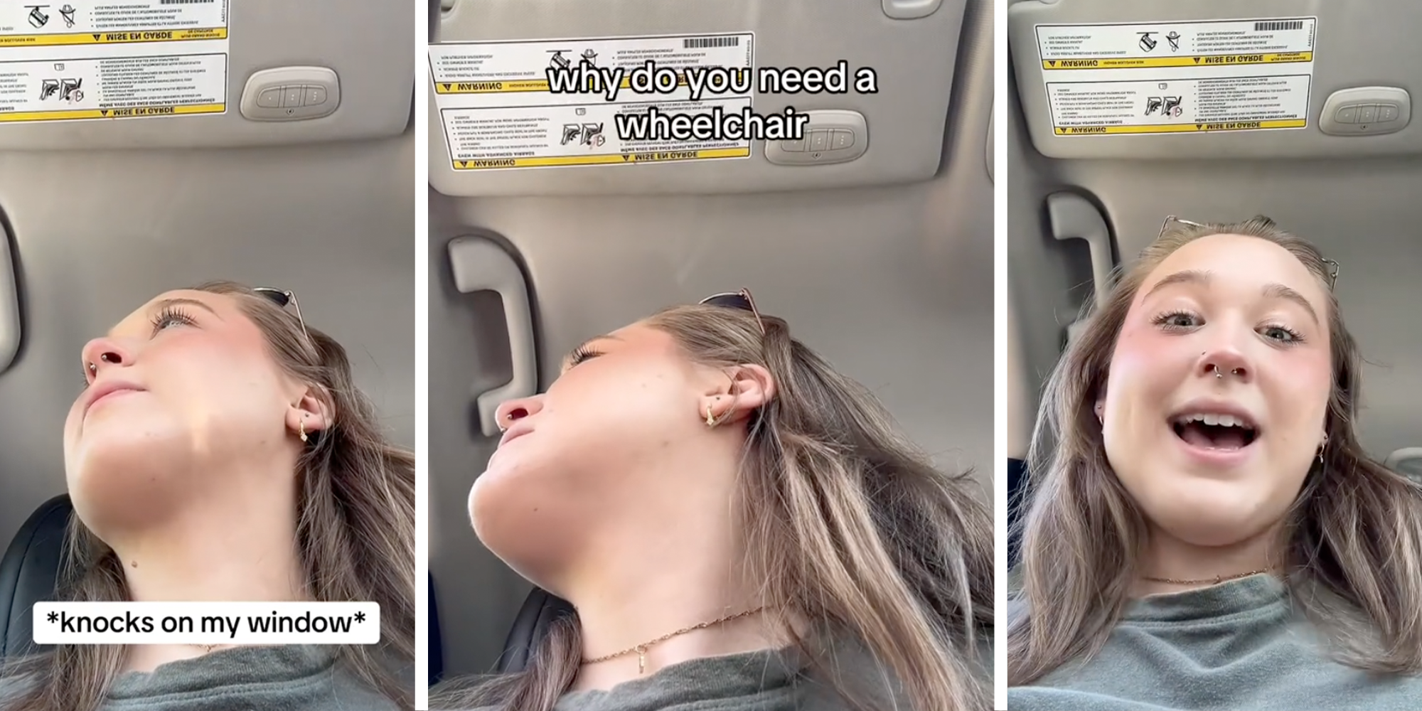 3 Panel image, Women in her car talking to man outside