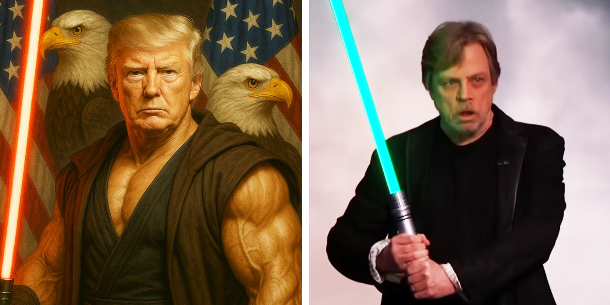 2 Panel image, parody of trump holding red lightsaber with eagles and Mark Hamill holding a blue light saber