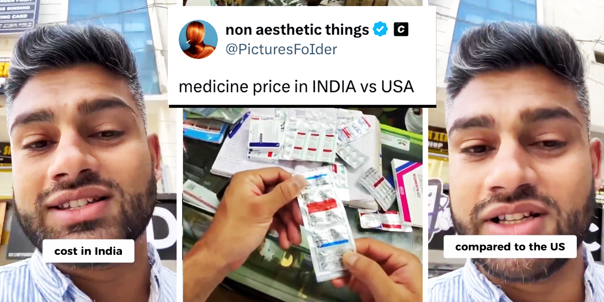 3 panel image with caption overlay, Indian Man holding medicine in india