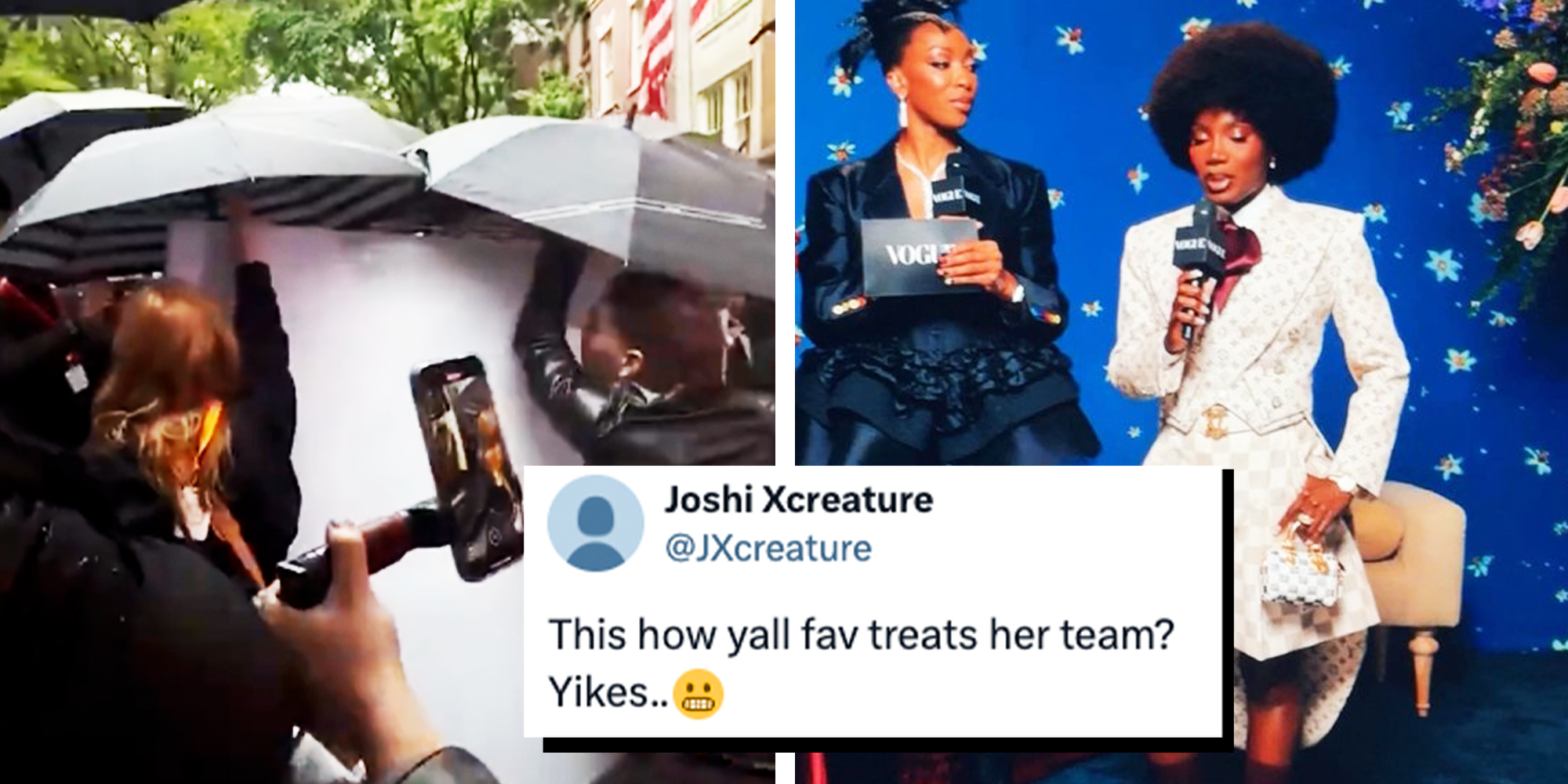 2 Panel image with caption, people surrounding a box with umbrellas on the top, and two women