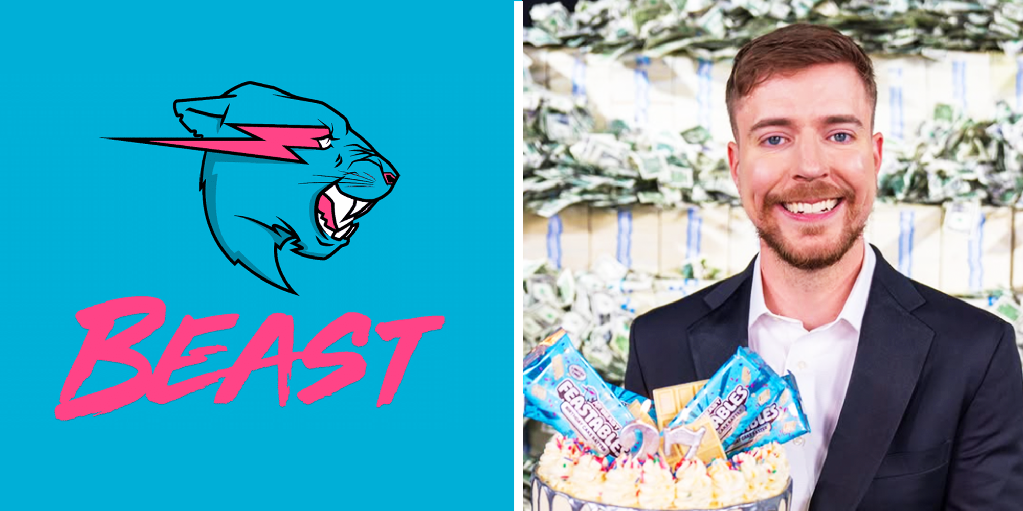 2 Panel image of Mr.Beast logo and Mr.Beast holding cake with Feastables snack