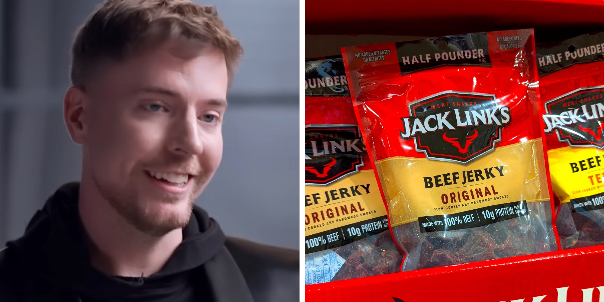2 panel image of Mr. Beast talking and Jack Links beef jerky for sale in a store.