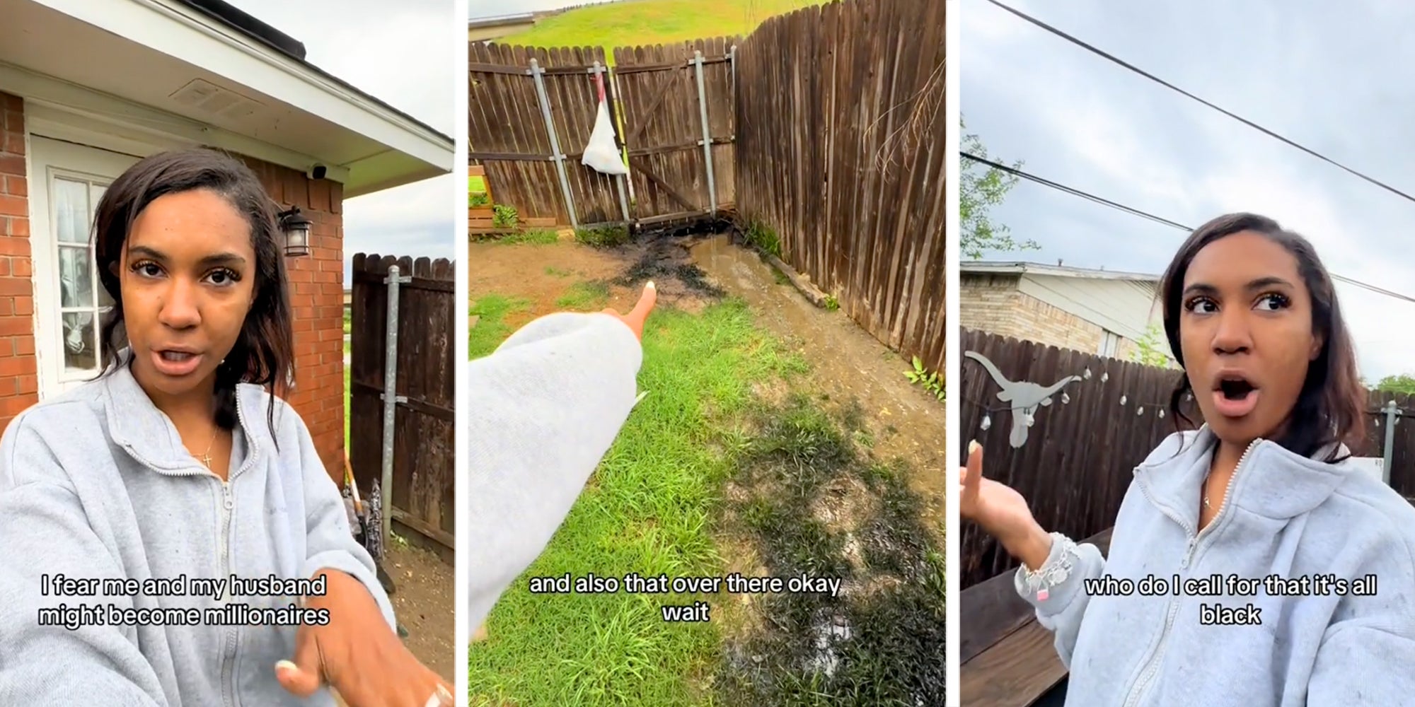 Three panel image with young woman talking to camera on both sides and pointing at dark spots in her yard in center.