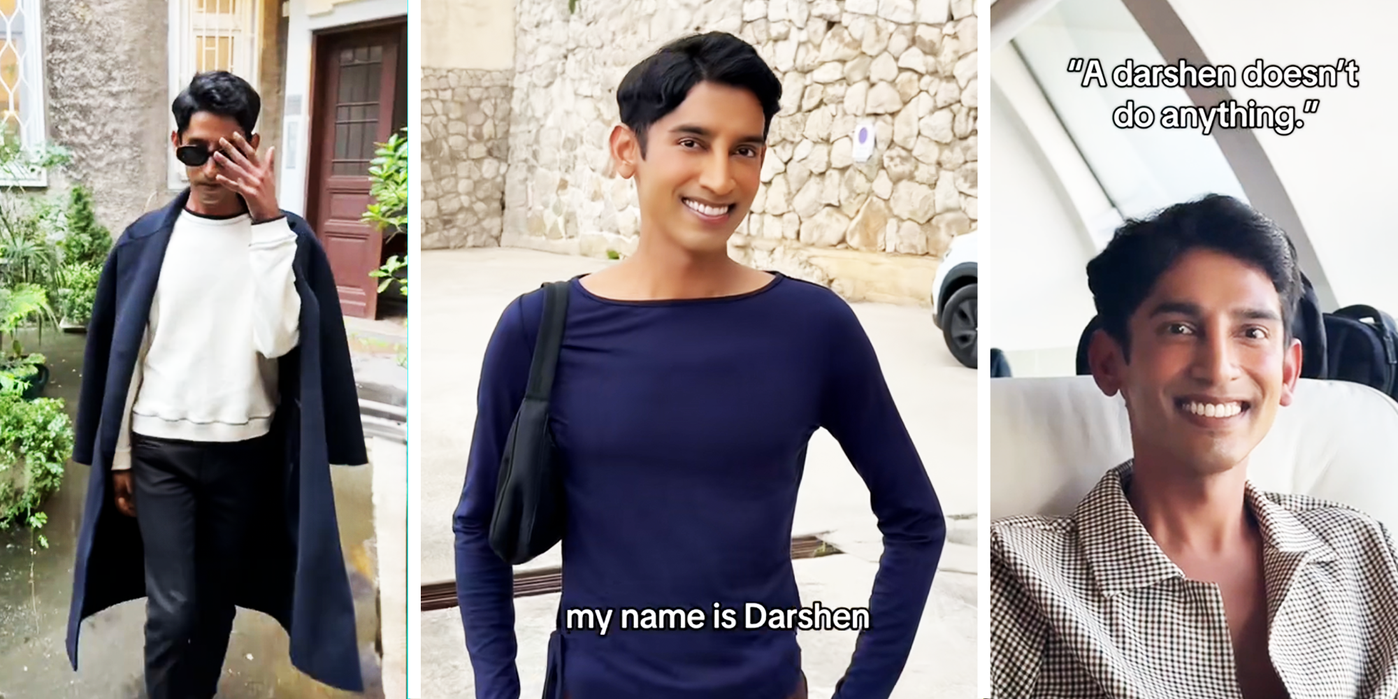 3 panel Image, Man with coat walking, man posing and smiling, and man smiling while sitting down on couch