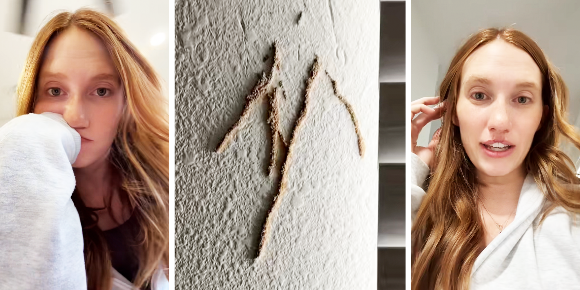 3 Panel Image, women with orange hair upset, and long brown lines of termite tunnel on the wall