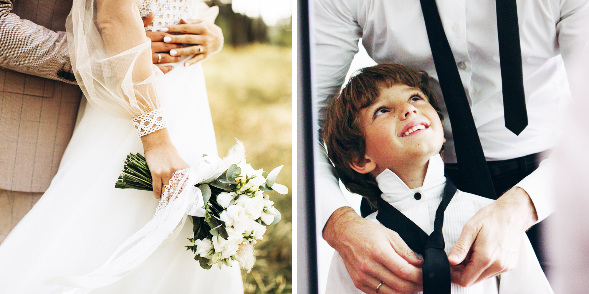 2 Panel image, couple at wedding, and boy getting help tying ties from dad