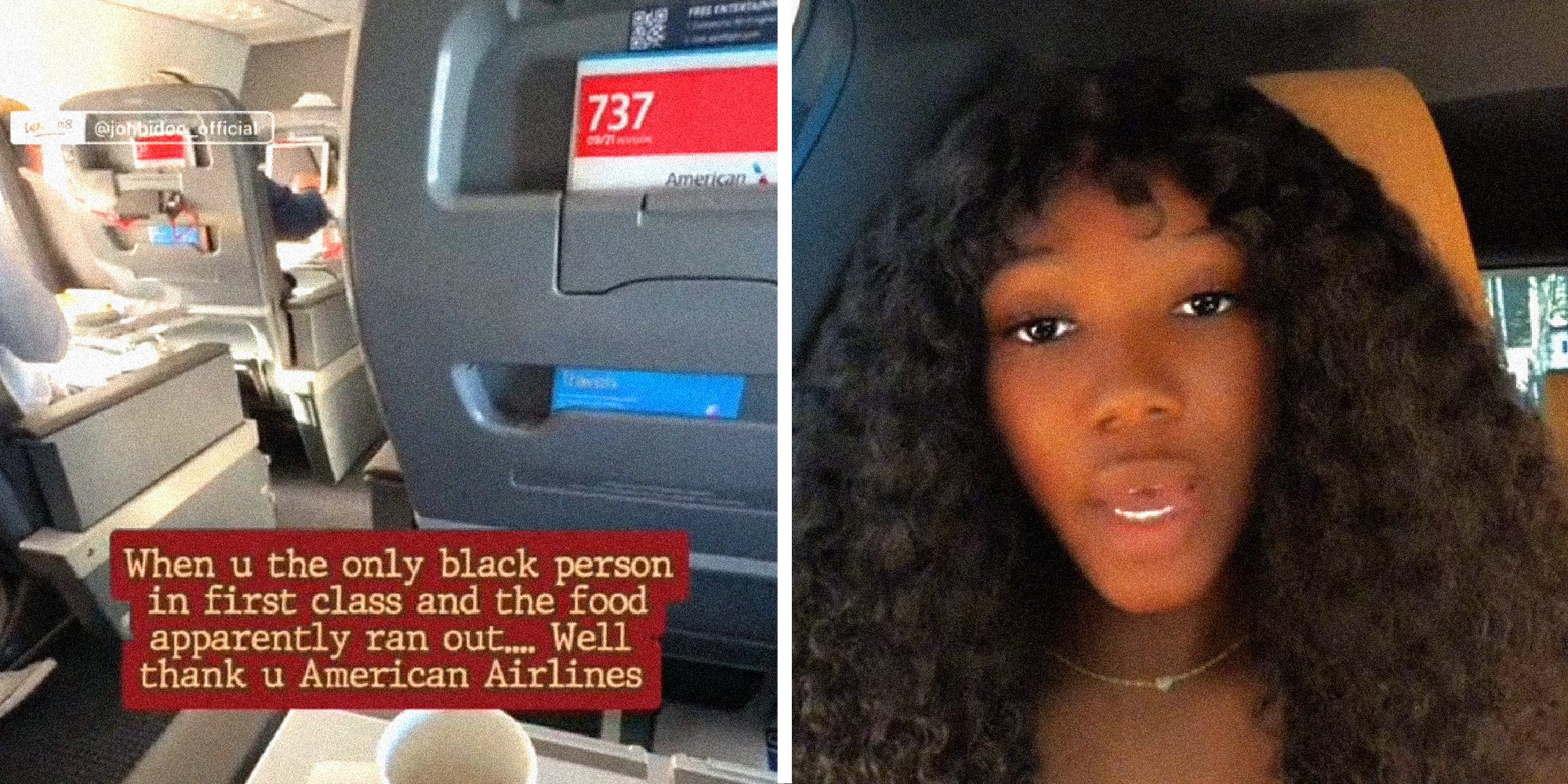 A two panel image from videos posted by TikTok user @johbidoo_official about their experience flying on American Airlines.