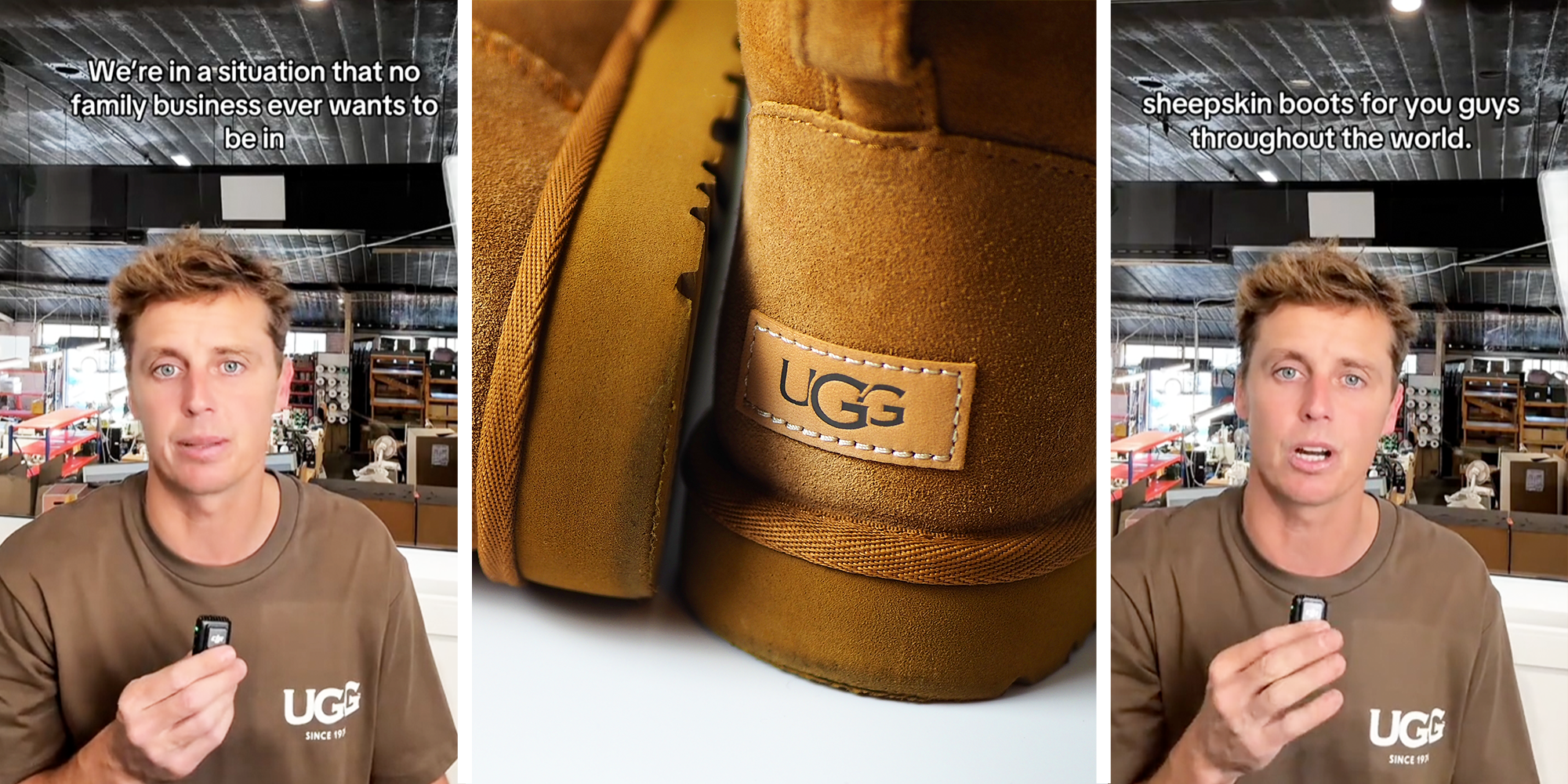 3 Panel Image, Man with brown shirt in a warehouse, and Ugg logo Boots