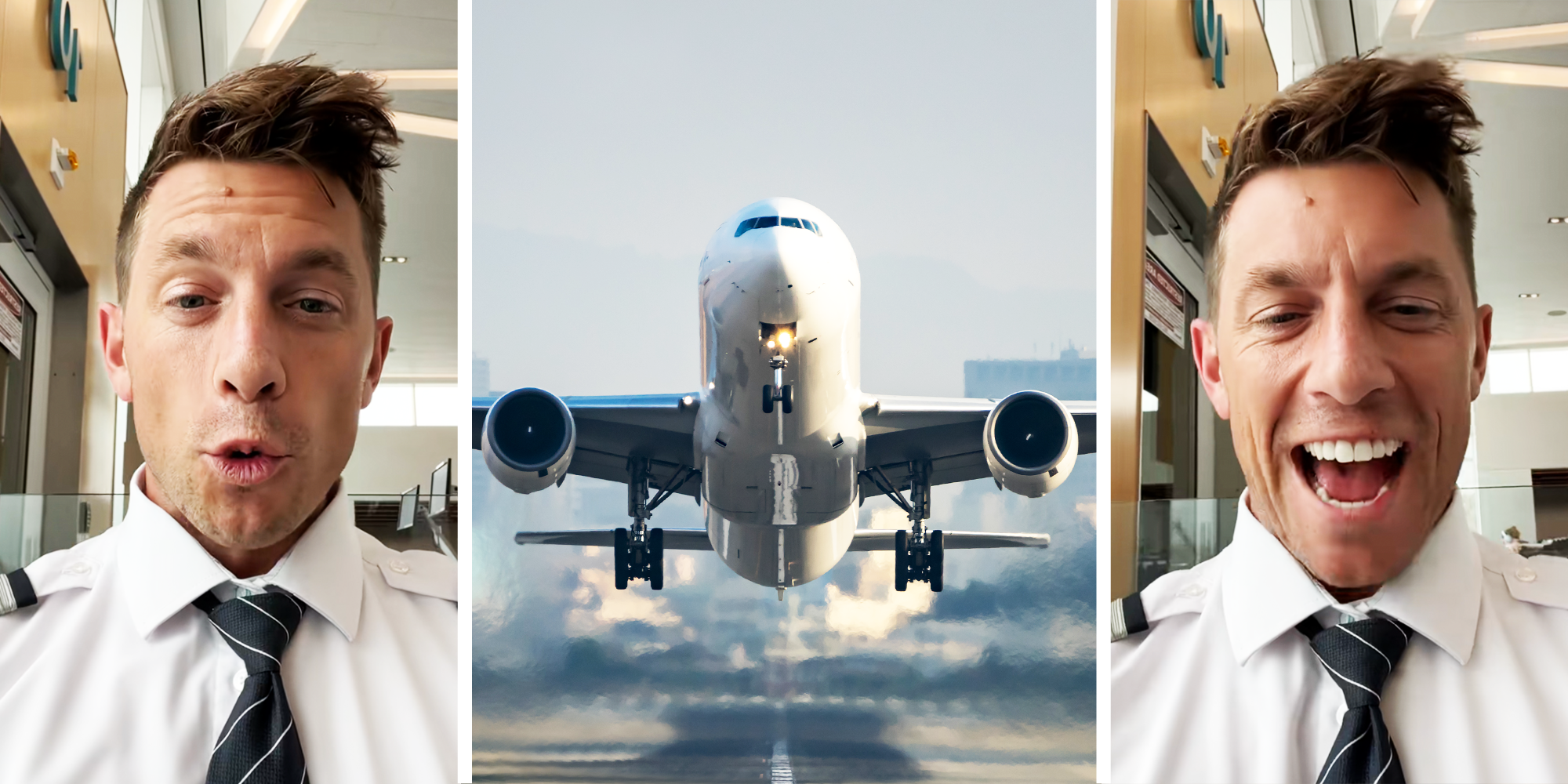 3 Panel Image of a male pilot and airplane taking off