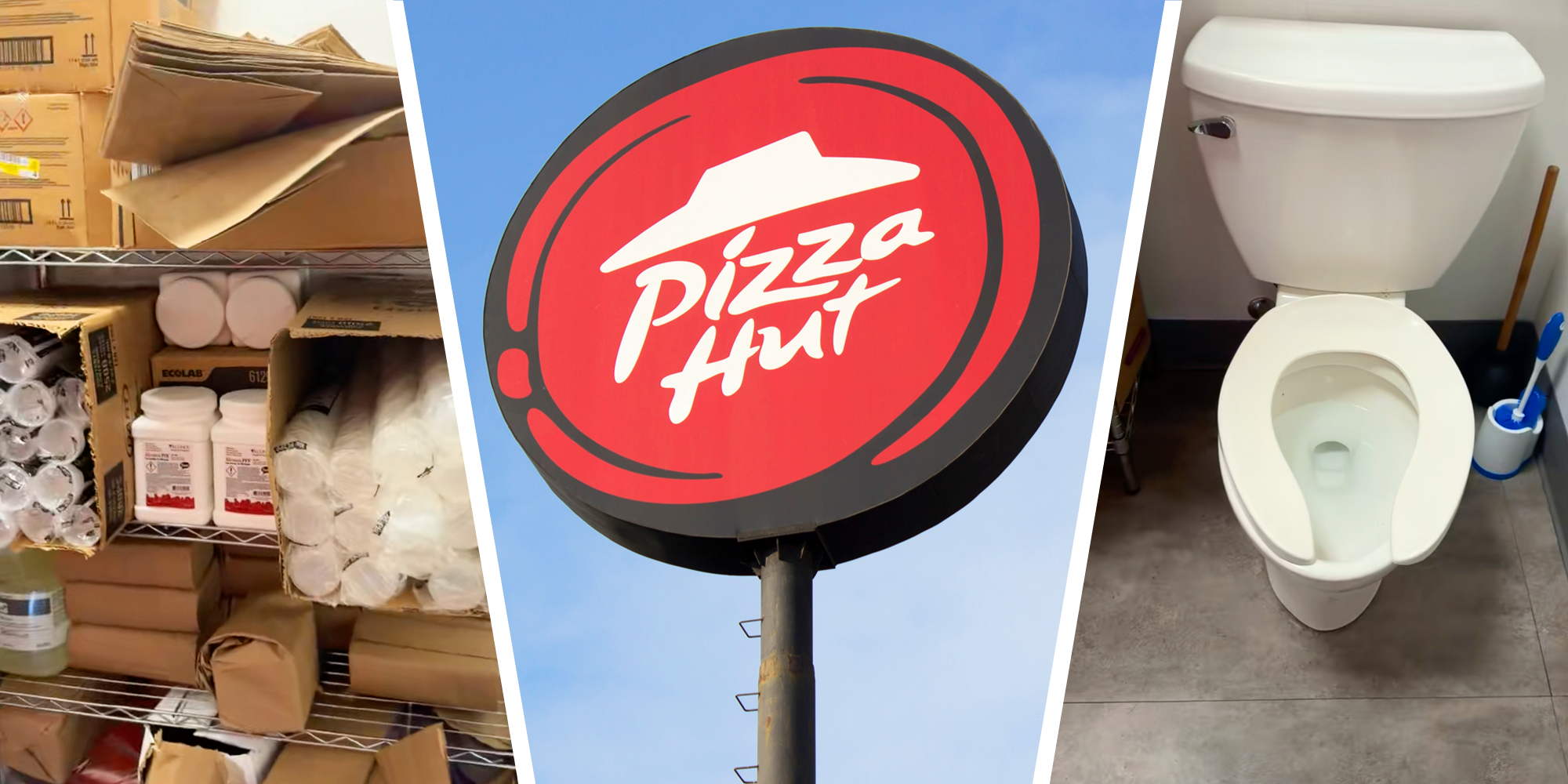 Three panel image with restaurant supplies on left, Pizza Hut sign in center and a toilet on right.