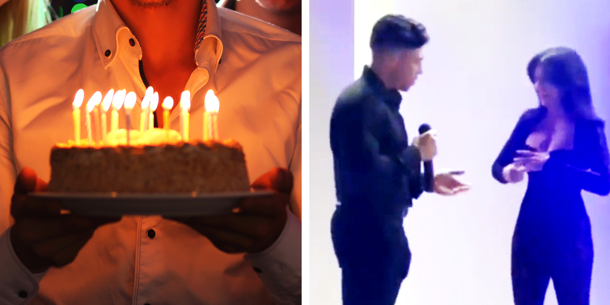 2 Panel Image, a Man holding Birthday Cake and a couple dressed in black