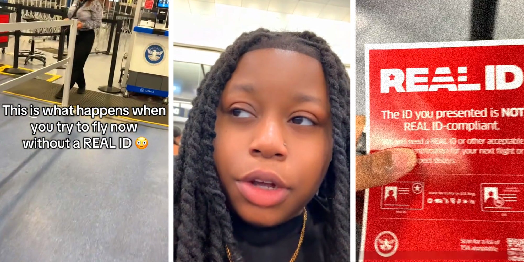 3 panel image from the TikTok story of a person explaining their experience navigating the security line at an airport without a Real ID.