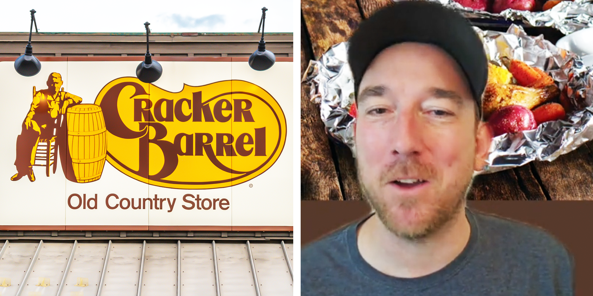 2 Panel Image, Cracket Barrel Logo and a Man with a hat in front of til foil wrapped potatoes