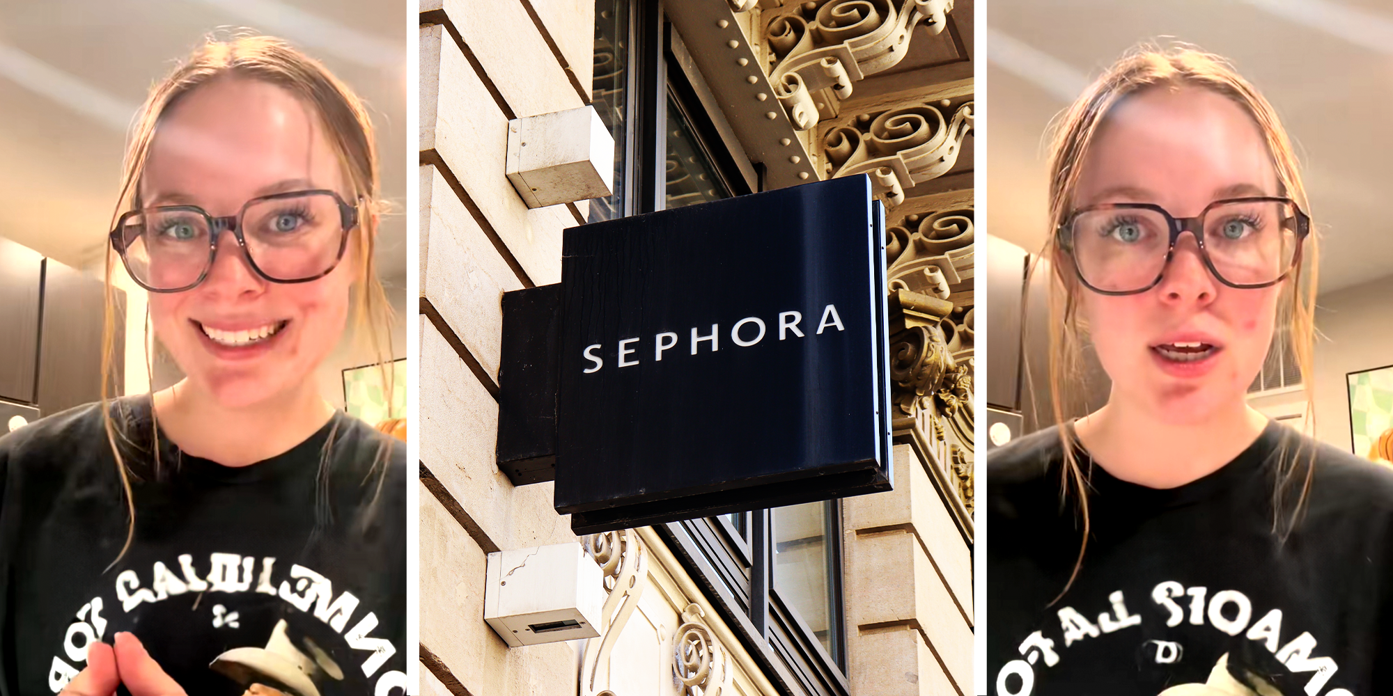 3 Panel image of a girl with glasses and Sephora signage