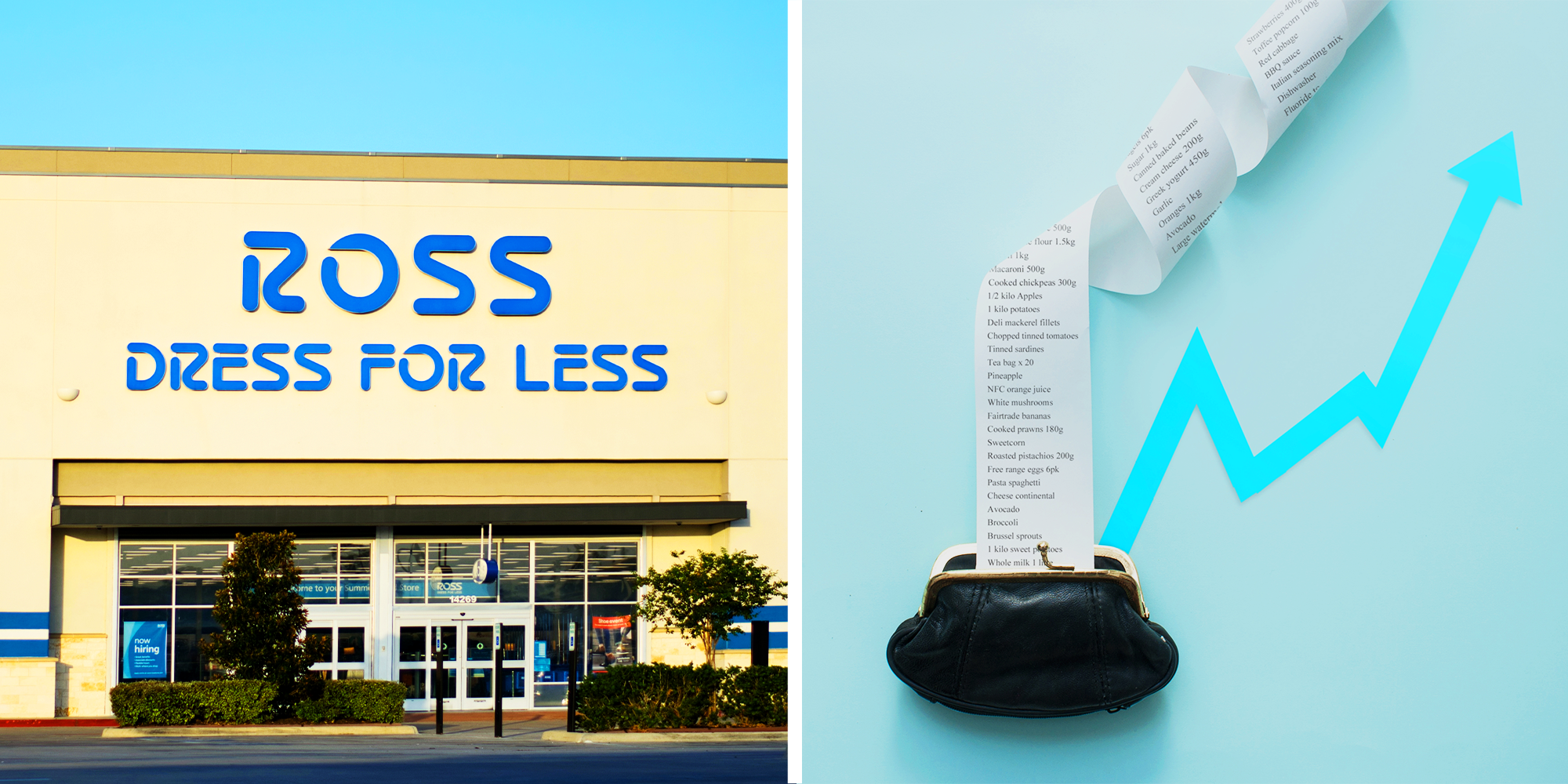 Ross price hike: 2 Panel Image of ross store front and receipt coming out of wallet