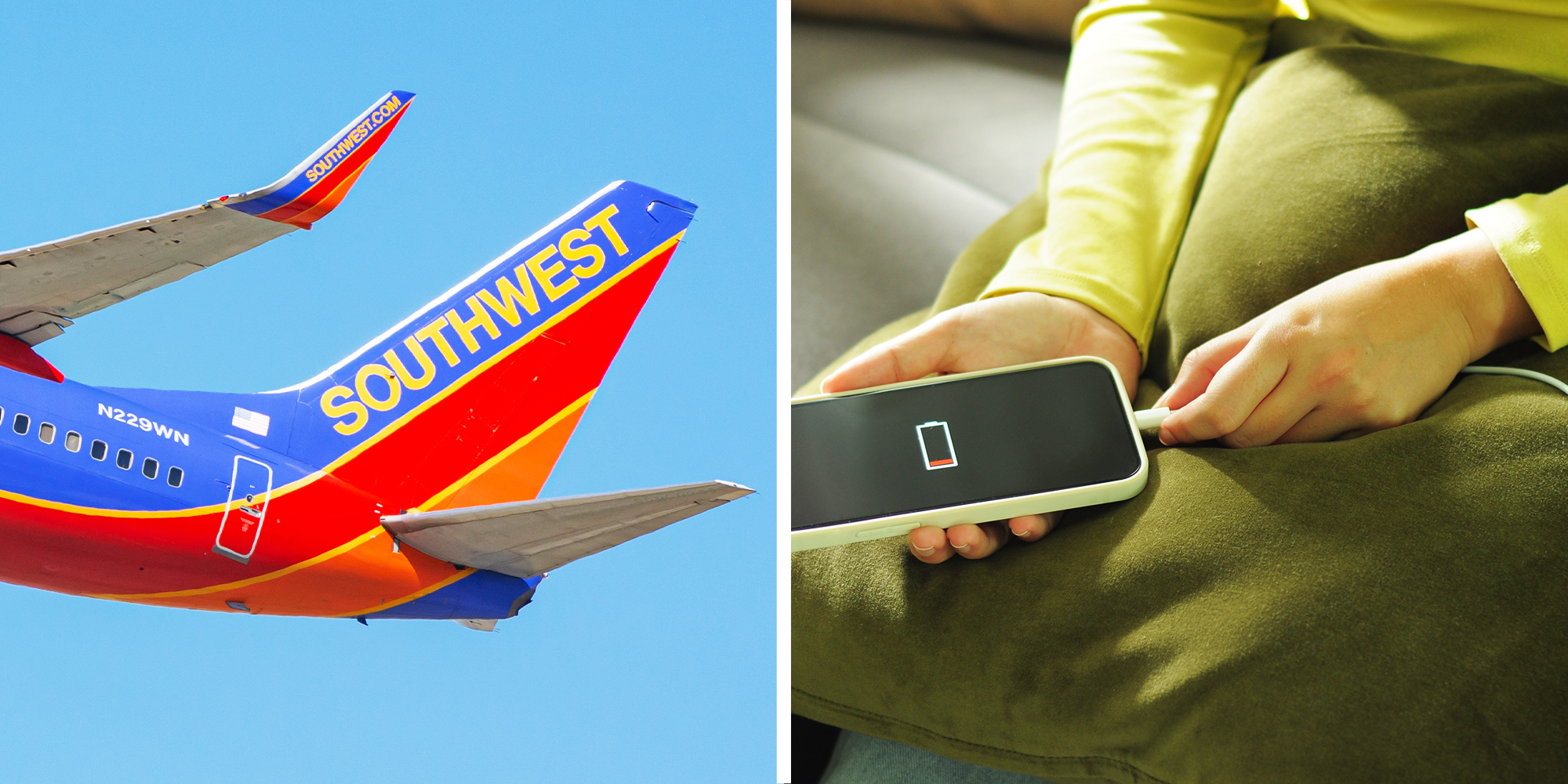 2 Panel Image of Southwest plane and woman plugging chargers