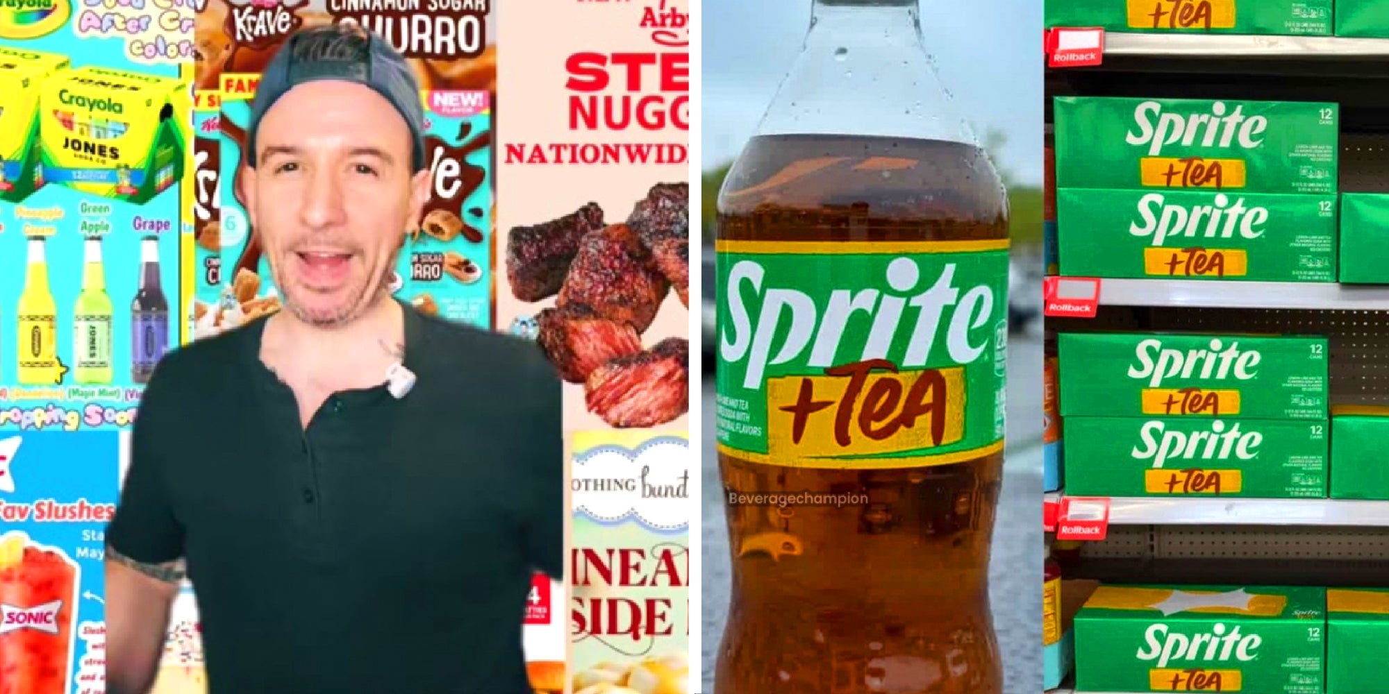 2 panel image showing TikTok user @markie_devo and one of his posts about Sprite +Tea, the new Sprite flavor.