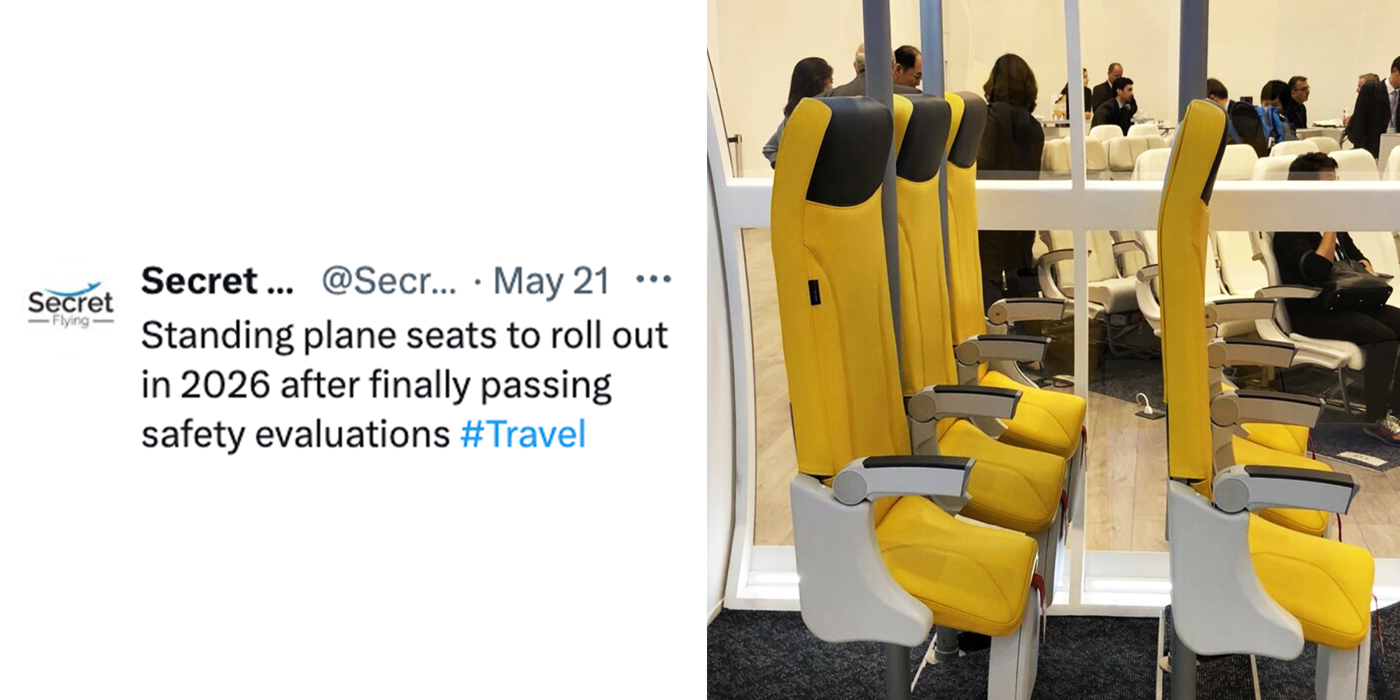 2 Panel Image of caption from X and yellow flight seats