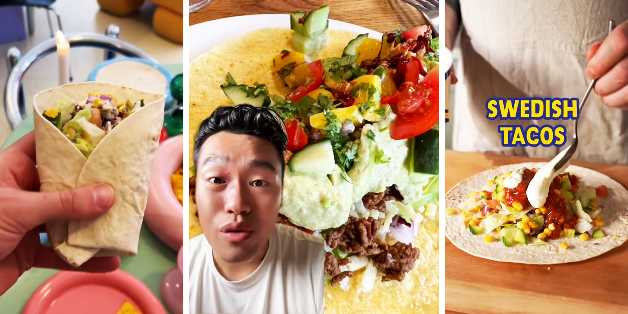 3 Panel image, person holding a wrapped up taco, Man explaining about taco, and Man dripping sour cream on taco