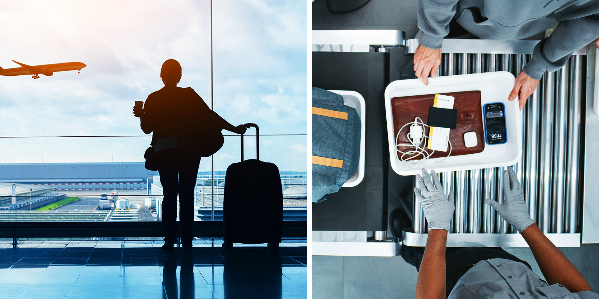 2 panel image, silhouette of woman standing with bag in airport and TSA check
