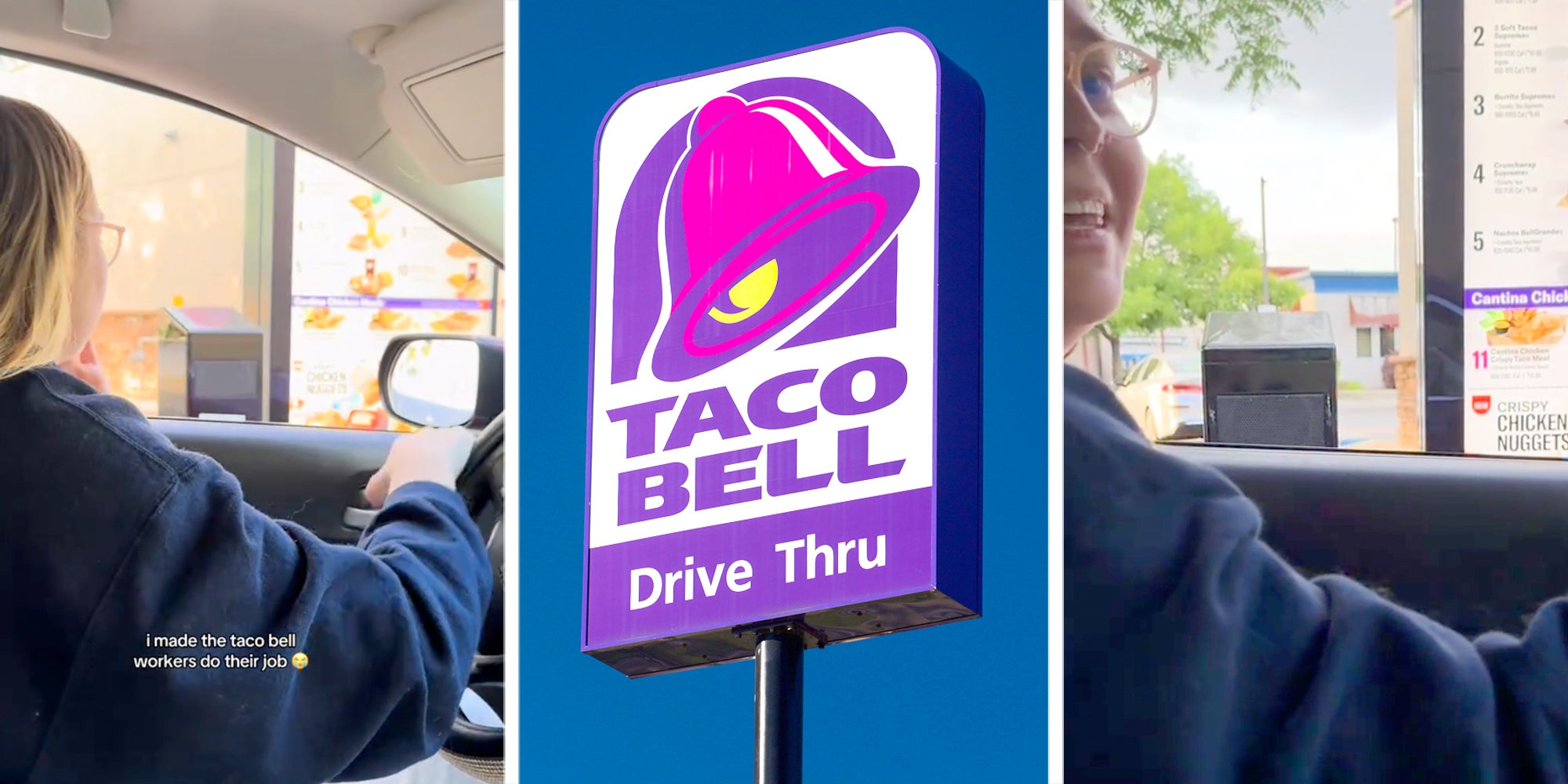 Three panel image of young woman in car at Taco Bell drive through on sides and Taco Bell sign in center.