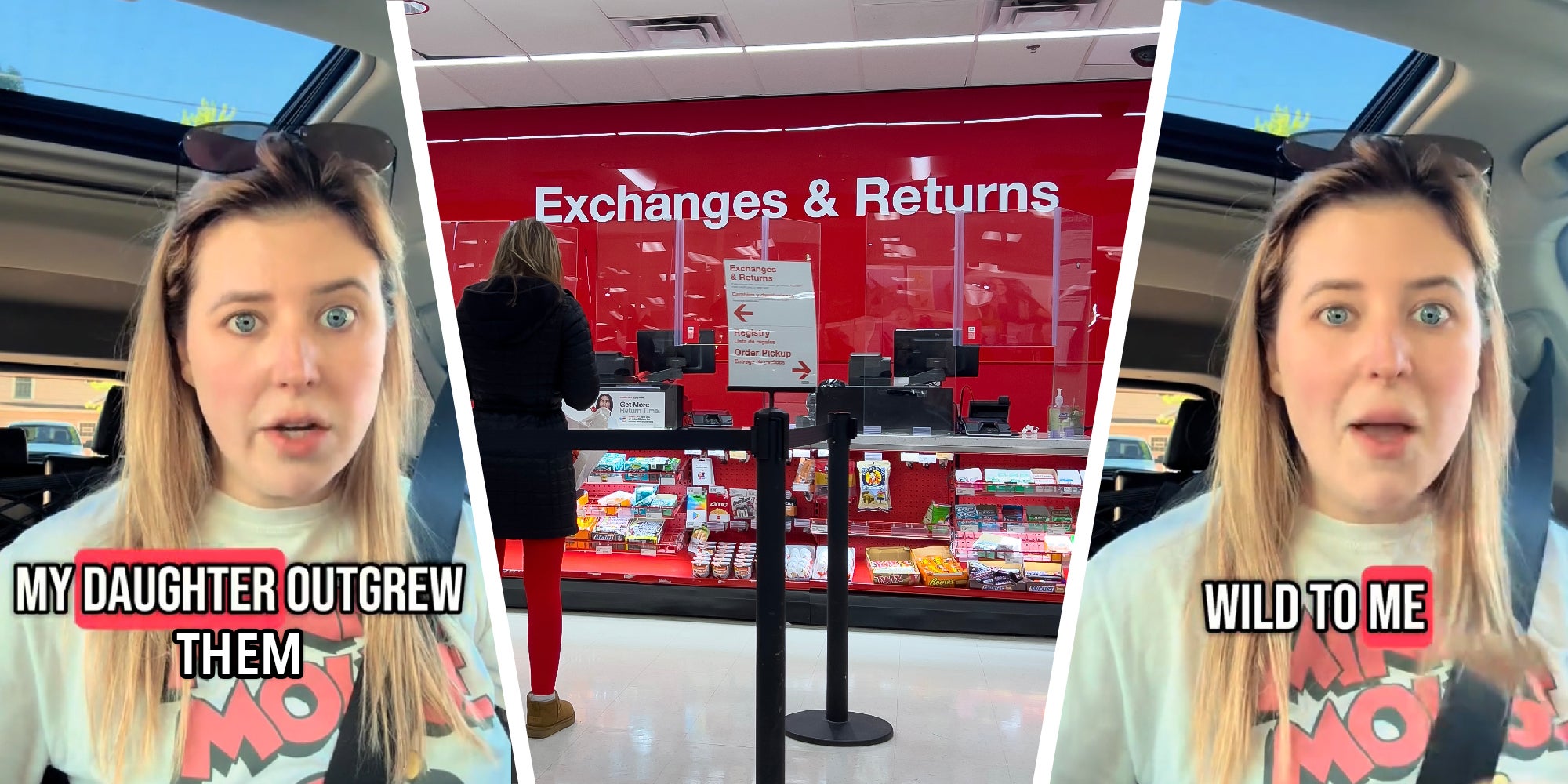 3 panel image: on the sides a person explains and in the middle is a typical Exchanges & Returns desk at a Target store.