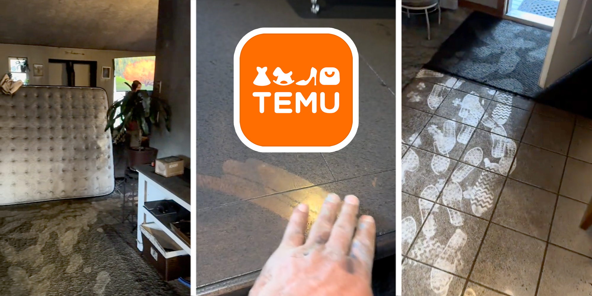 Three panel image with pictures of inside house after a fire with Temu logo in center.
