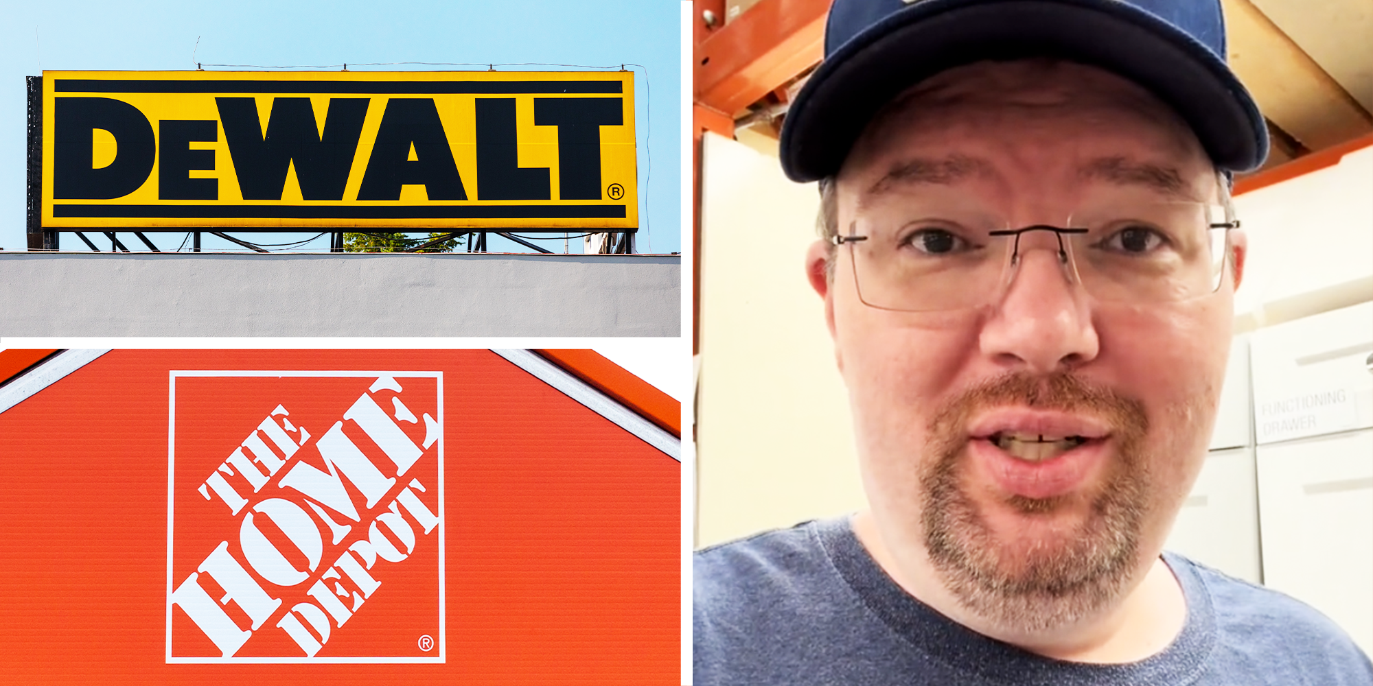 3 Panel Image, DeWalt Logo, Home Depot Logo, and a Man wearing a blue Hat and glasses