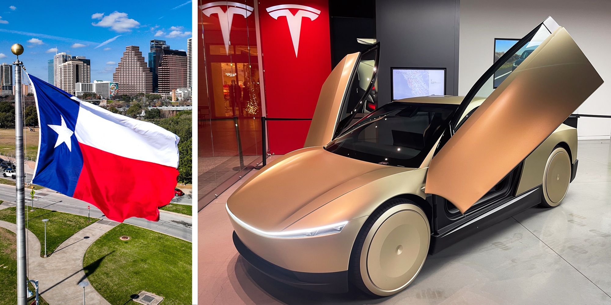 2 panel image of the Texas flag and a Tesla robotaxi prototype