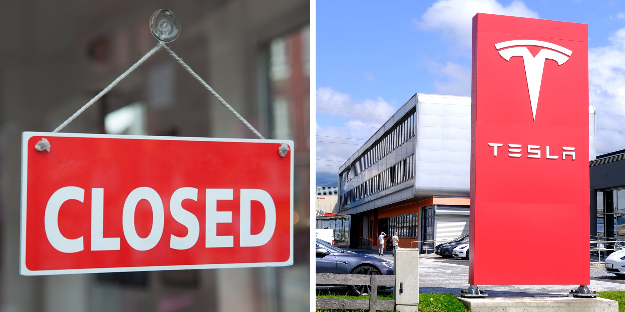 Two panel image with closed sign on left and Tesla dealership on right.