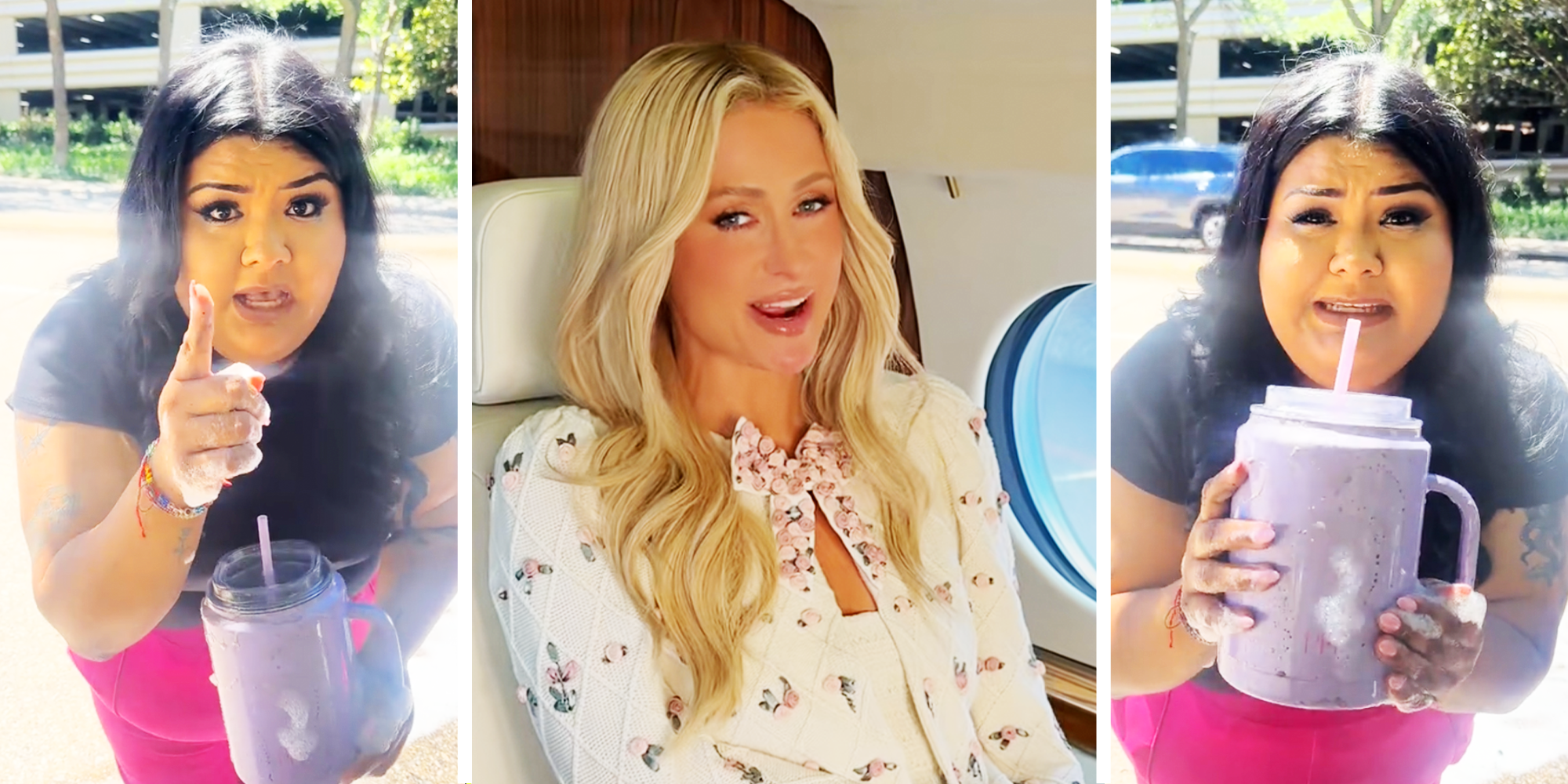3 Panel image of woman with pink pants holding a purple water cup and Paris Hilton